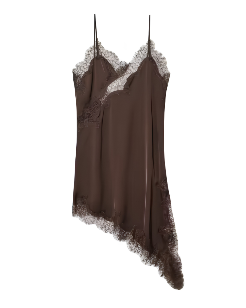 Women's dress with lace, asymmetrical slip style.