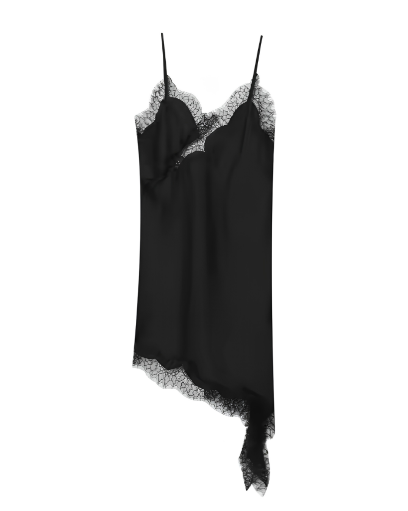 Women's dress with lace, asymmetrical slip style.
