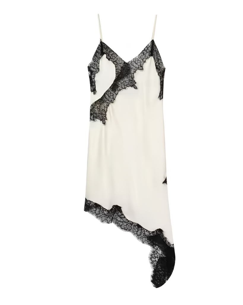 Women's dress with lace, asymmetrical slip style.